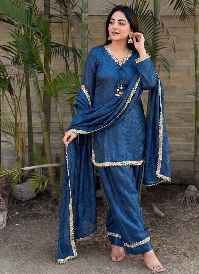 Dark-blue silk blend lace farshi salwar set