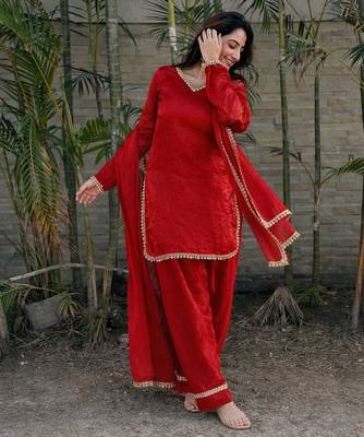 Red silk blend lace farshi salwar set 1
