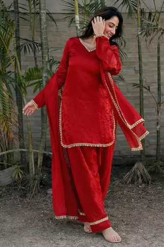 Red silk blend lace farshi salwar set