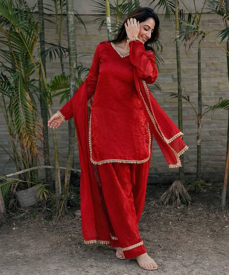 Red silk blend lace farshi salwar set