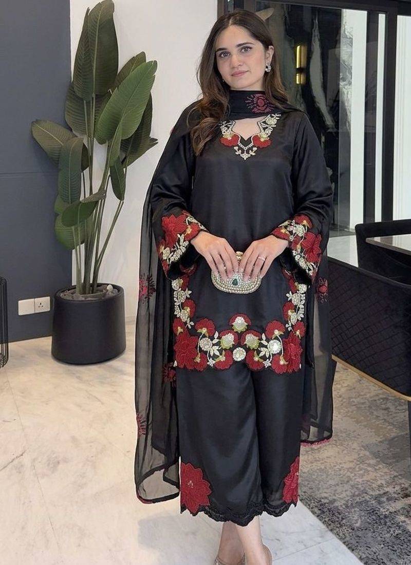 Black silk blend embroidered farshi salwar set