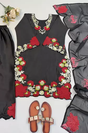 Black silk blend embroidered farshi salwar set