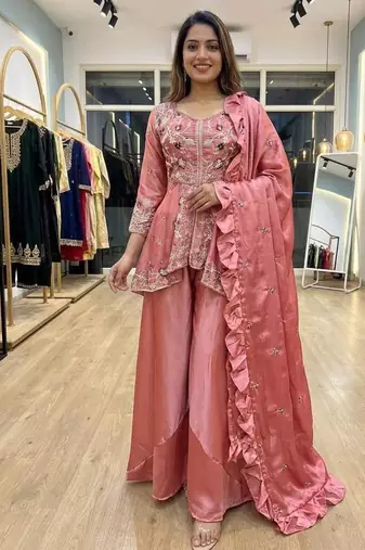 Peach silk blend embroidered palazzo set