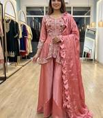 Peach silk blend embroidered palazzo set