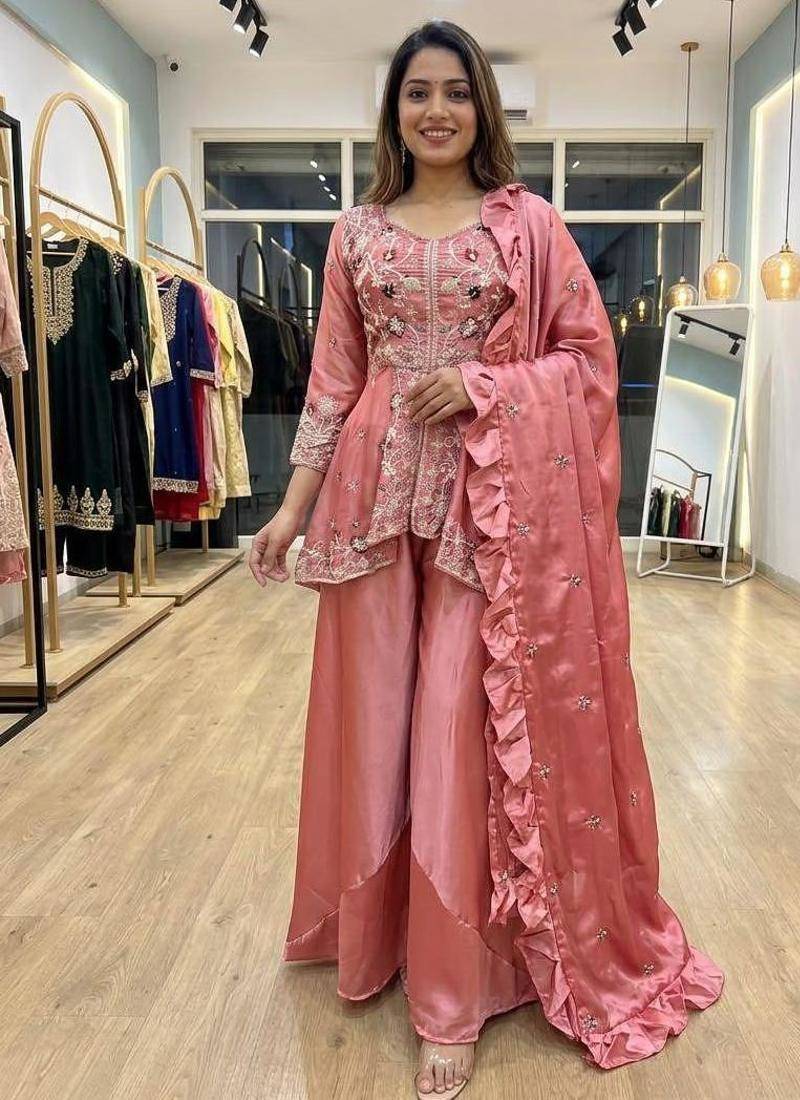 Peach silk blend embroidered palazzo set