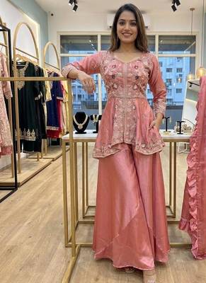 Peach silk blend embroidered palazzo set 2