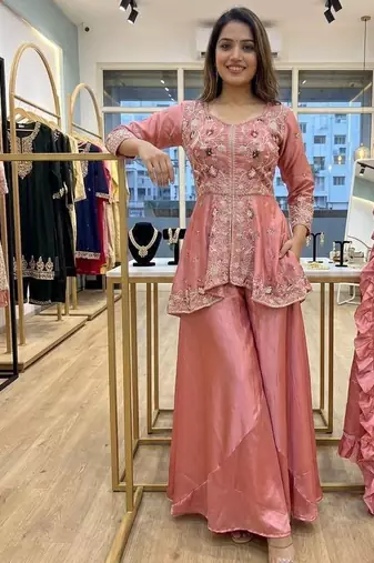 Peach silk blend embroidered palazzo set