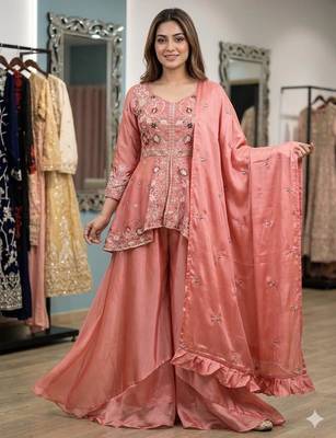 Peach silk blend embroidered palazzo set 3