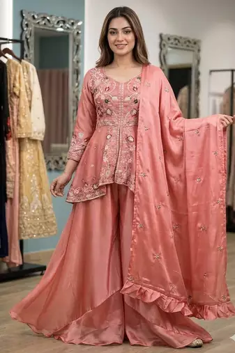 Peach silk blend embroidered palazzo set