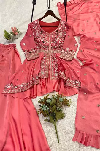 Peach silk blend embroidered palazzo set
