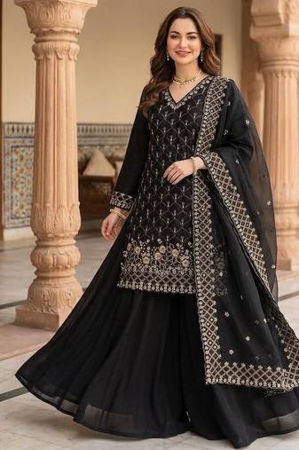 Black silk blend embroidered palazzo set