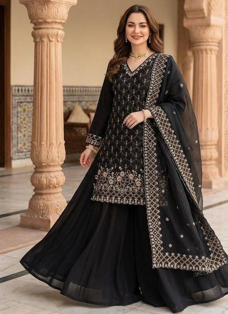 Black silk blend embroidered palazzo set
