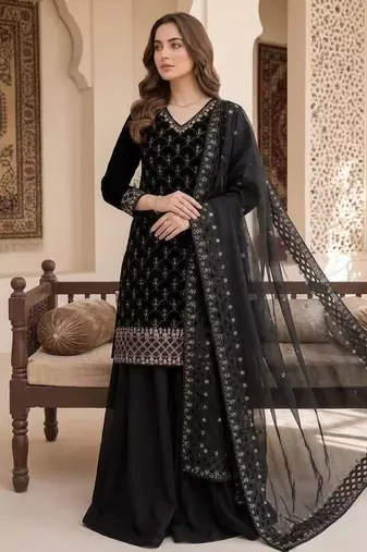 Black silk blend embroidered palazzo set