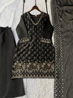 Black silk blend embroidered palazzo set 3