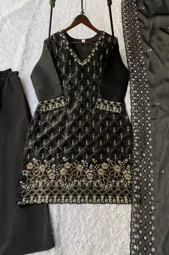 Black silk blend embroidered palazzo set