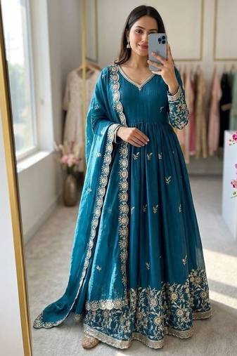 Blue silk blend embroidered flared gown set