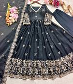 Black silk blend embroidered flared gown set