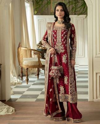 Red faux georgette thread palazzo set 1