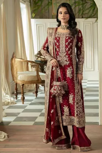 Red faux georgette thread palazzo set
