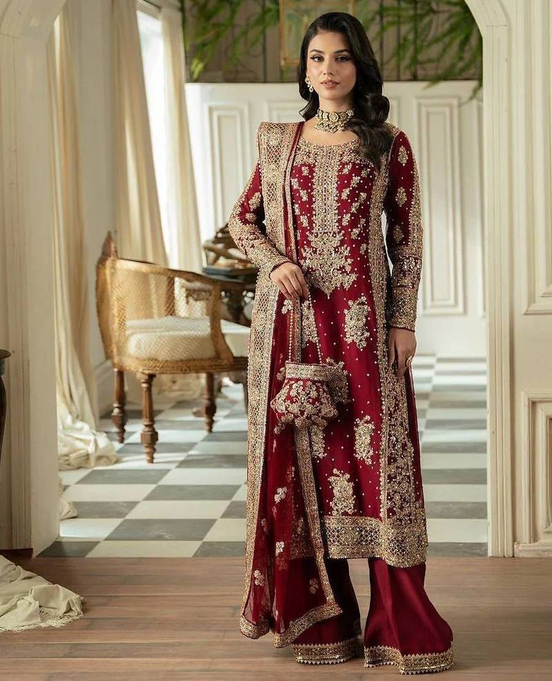 Red faux georgette thread palazzo set