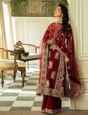 Red faux georgette thread palazzo set 2