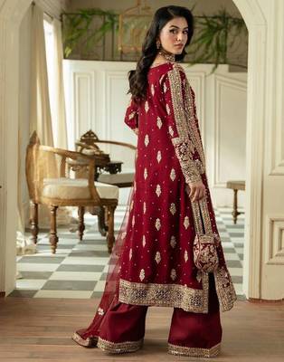 Red faux georgette thread palazzo set 3