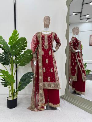 Red faux georgette thread palazzo set 4