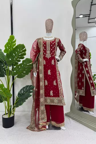 Red faux georgette thread palazzo set