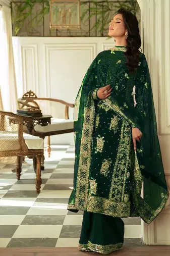 Green faux georgette thread palazzo set