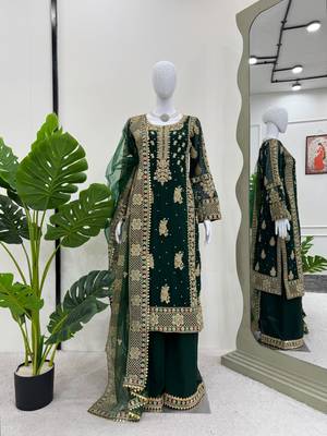 Green faux georgette thread palazzo set 3