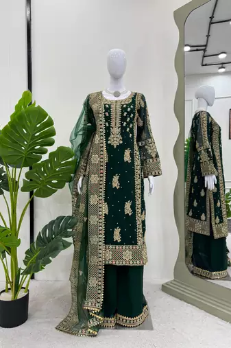 Green faux georgette thread palazzo set