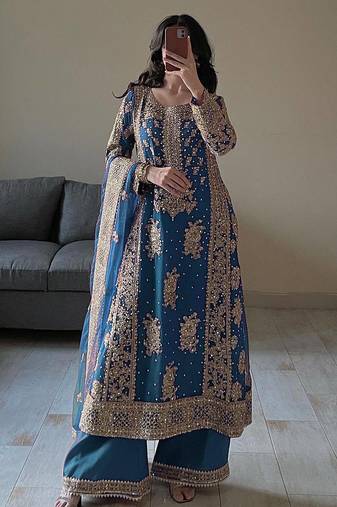Blue faux georgette thread palazzo set