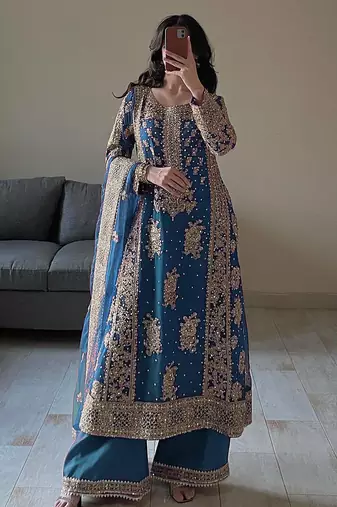 Blue faux georgette thread palazzo set