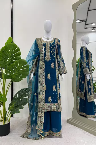 Blue faux georgette thread palazzo set