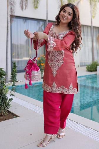 Champagne viscose embroidered farshi salwar set