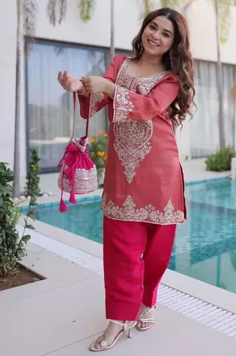 Champagne viscose embroidered farshi salwar set