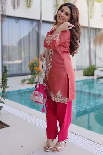 Champagne viscose embroidered farshi salwar set