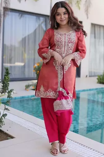 Champagne viscose embroidered farshi salwar set