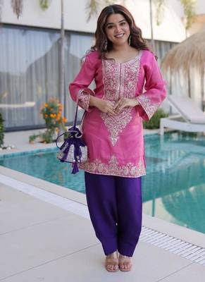 Pink viscose embroidered farshi salwar set 1