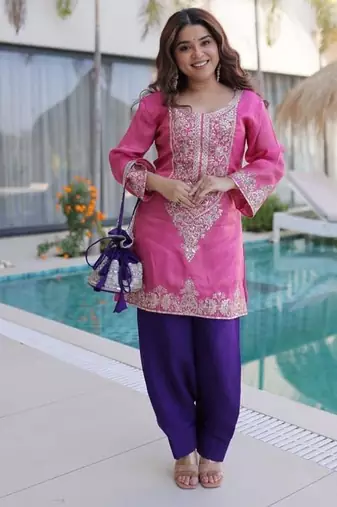 Pink viscose embroidered farshi salwar set