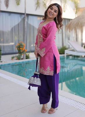 Pink viscose embroidered farshi salwar set 2