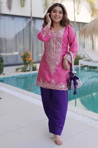 Pink viscose embroidered farshi salwar set