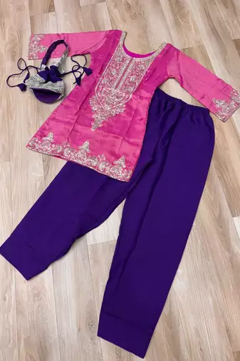 Pink viscose embroidered farshi salwar set