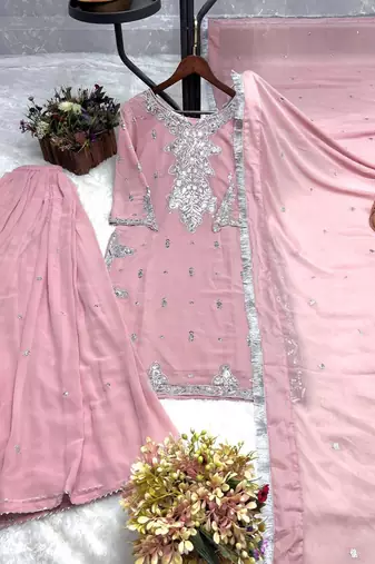 Pink faux georgette embroidered palazzo set