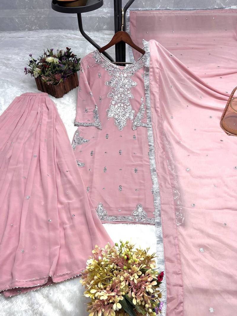 Pink faux georgette embroidered palazzo set
