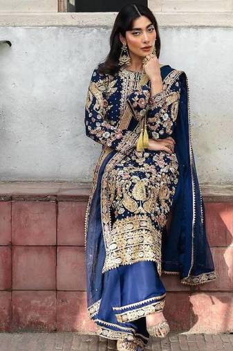Navy-blue georgette sequins palazzo set