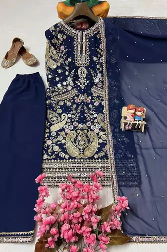 Navy-blue georgette sequins palazzo set