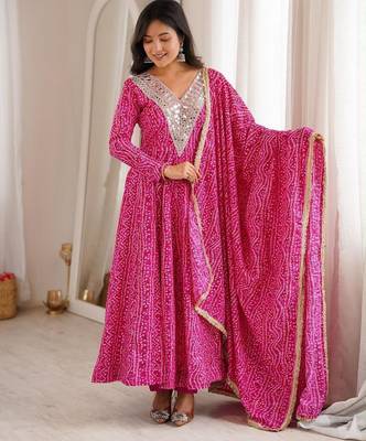 Pink rayon embroidered flared gown set 1