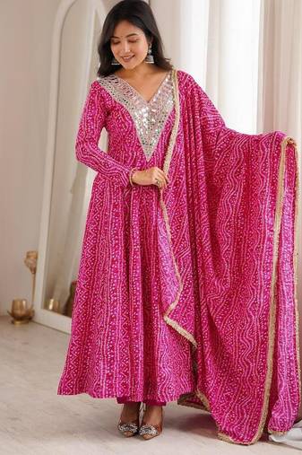Pink rayon embroidered flared gown set