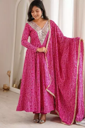 Pink rayon embroidered flared gown set